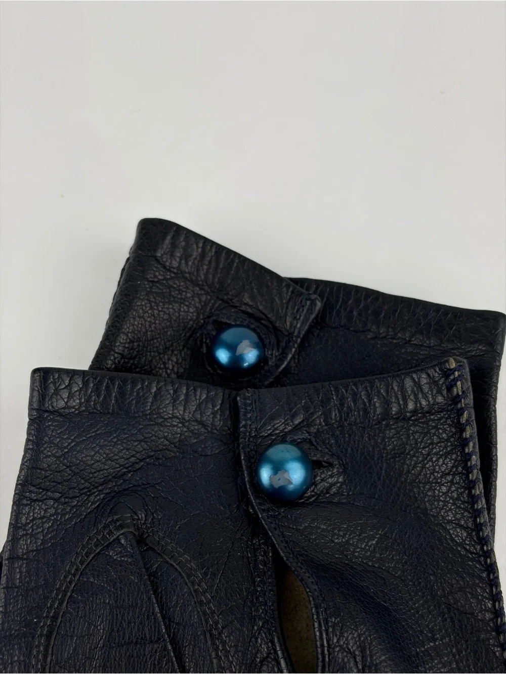 VTG 50s Aris of Paris Navy Blue Kid Suede Leather Hand Gloves Beaded Cuff 7